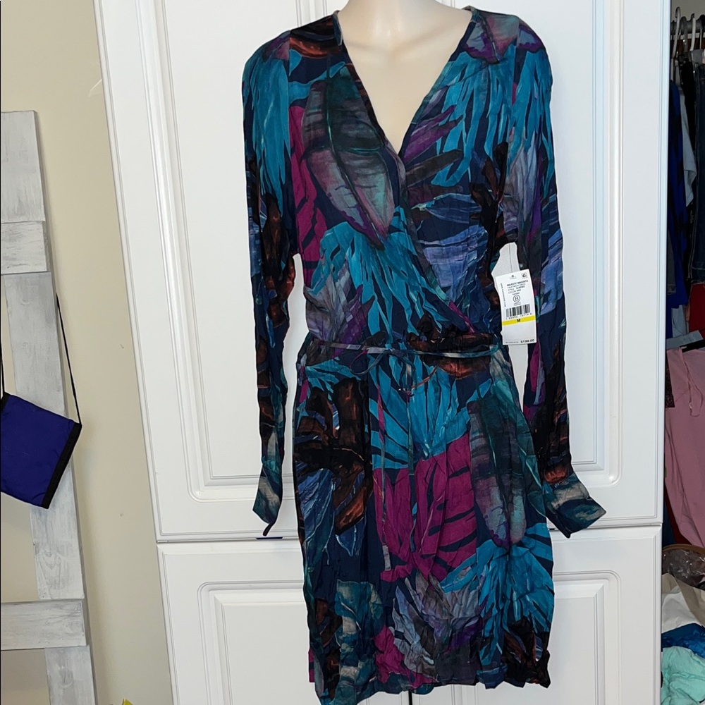 Karen Kane Vibrant Blue and Purple Leaf Dress Sz M New
